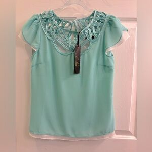 NWT | C. Luce | size s | mint green blouse with satin braided neckline